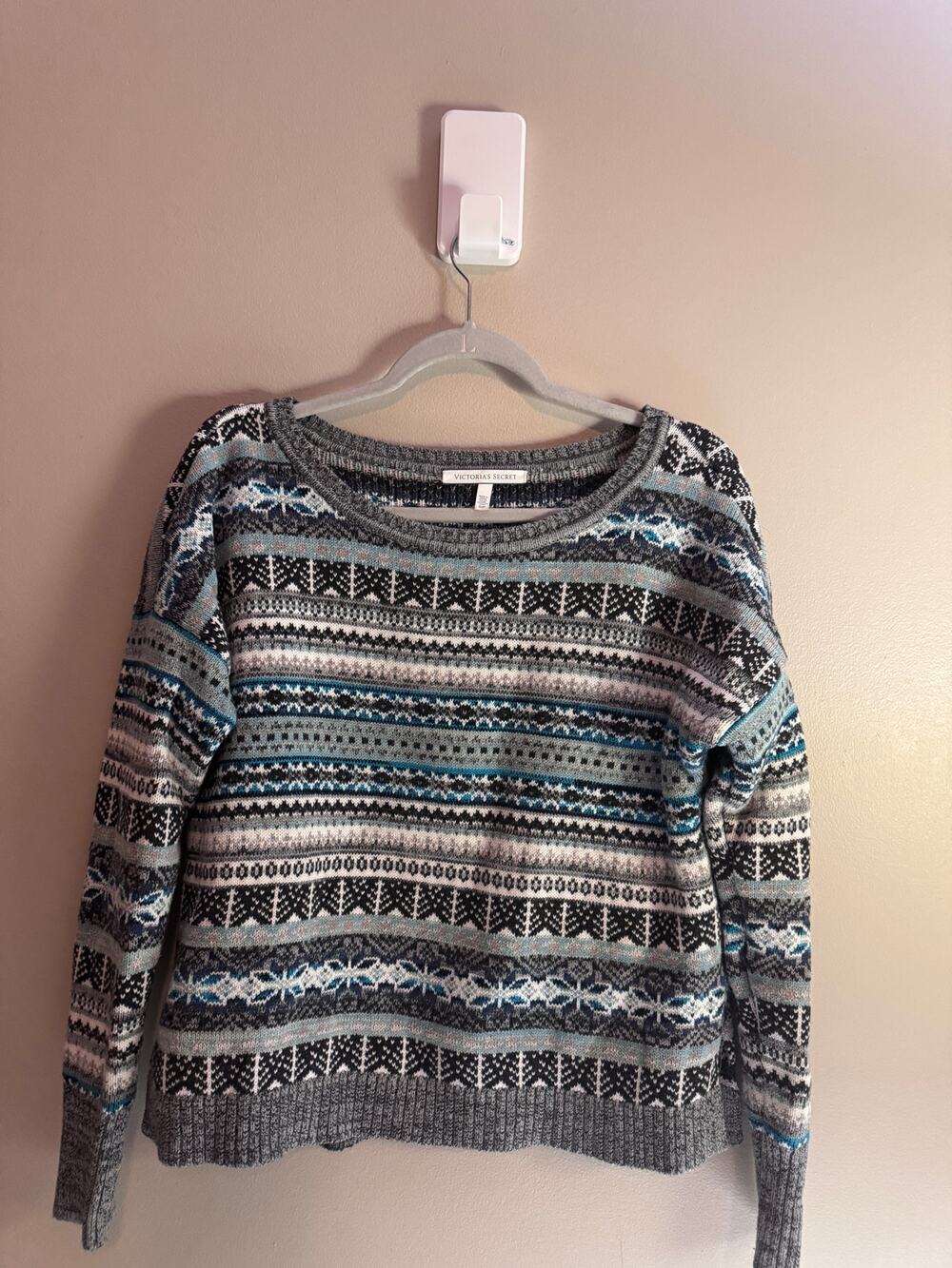 Victoria’s Secret Women’s S Fair Isle Nordic Sweater 100% Cotton Gray Blue